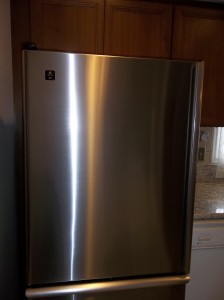 Stainless steel refrigerator after it was cleaned with Weiman stainless steel wipes.