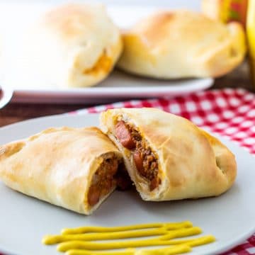 Coney Dog Pizza Pockets with mustard and beer