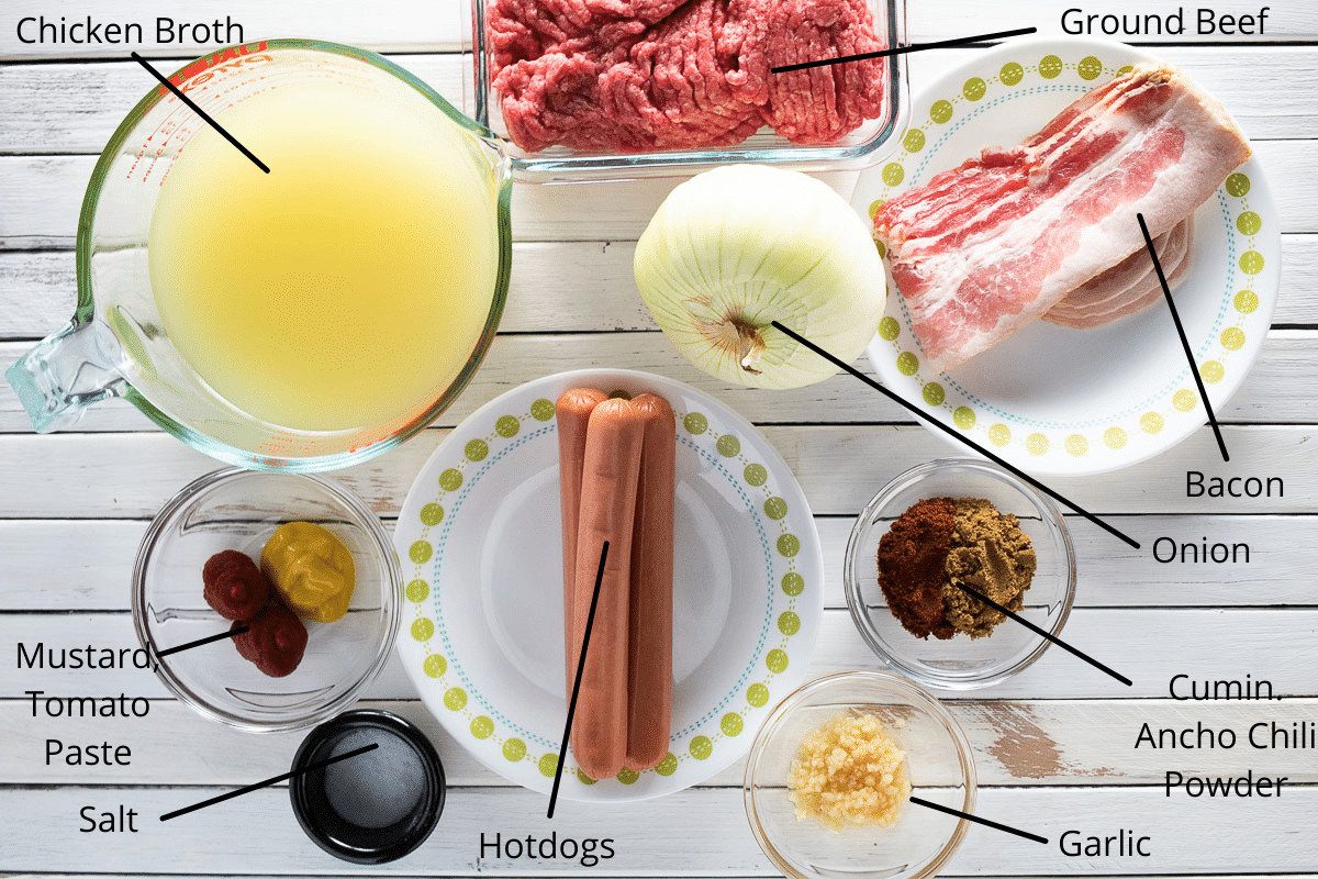 This is an image showing all of the ingredients necessary to make the bacon-wrapped hotdogs.