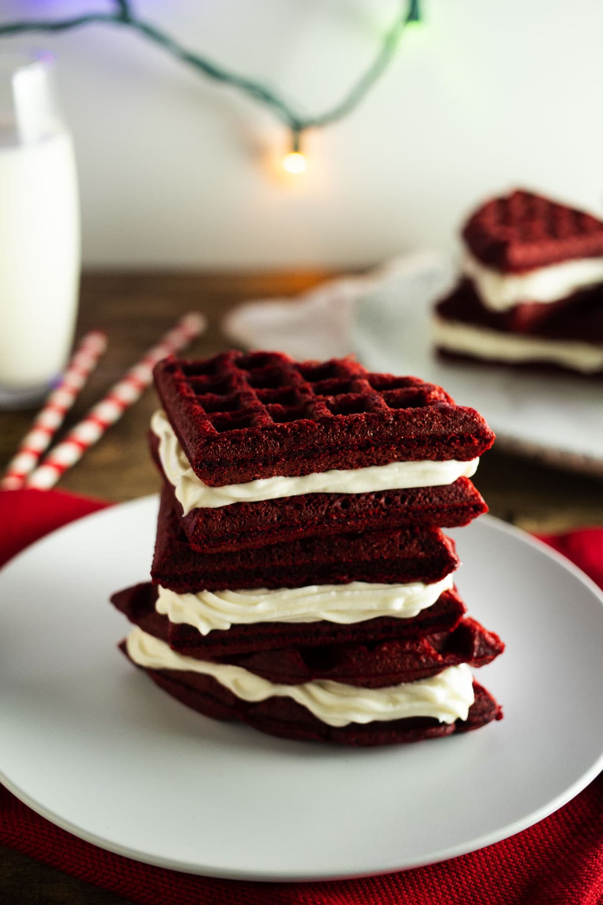 Red velvet whoopie pies with cream cheese filling.