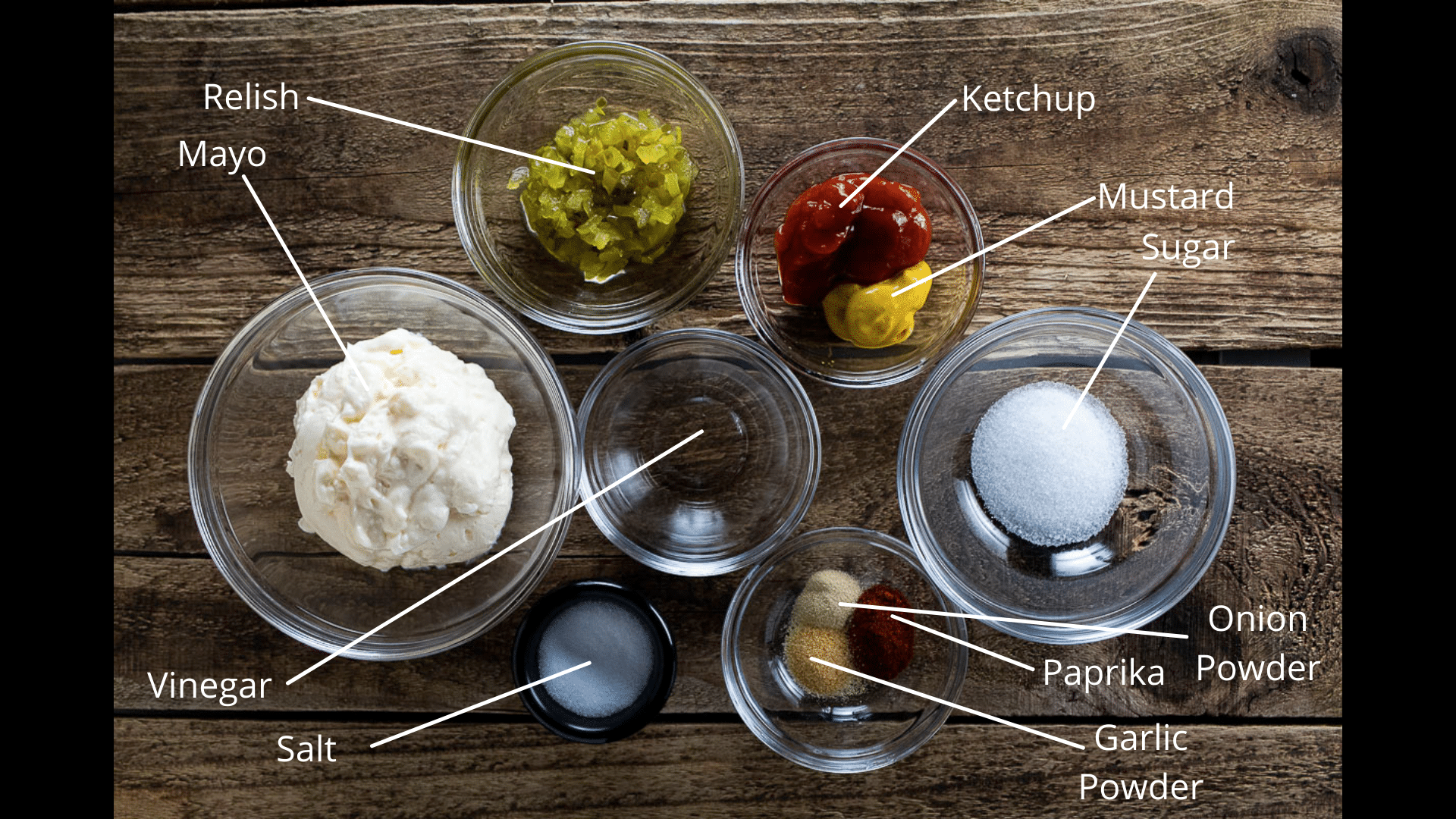 This is an image of all of the ingredients needed to make our copycat big mac sauce.