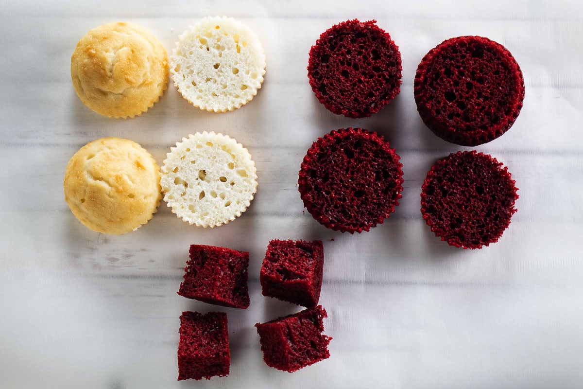 Pictured here is an image of the cupcakes cut into pieces.