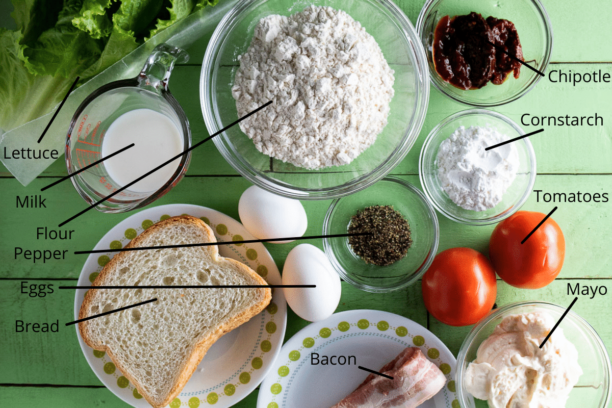 Pictured here are all of the ingredients that you need to make our chicken-fried bacon BLT sandwiches.