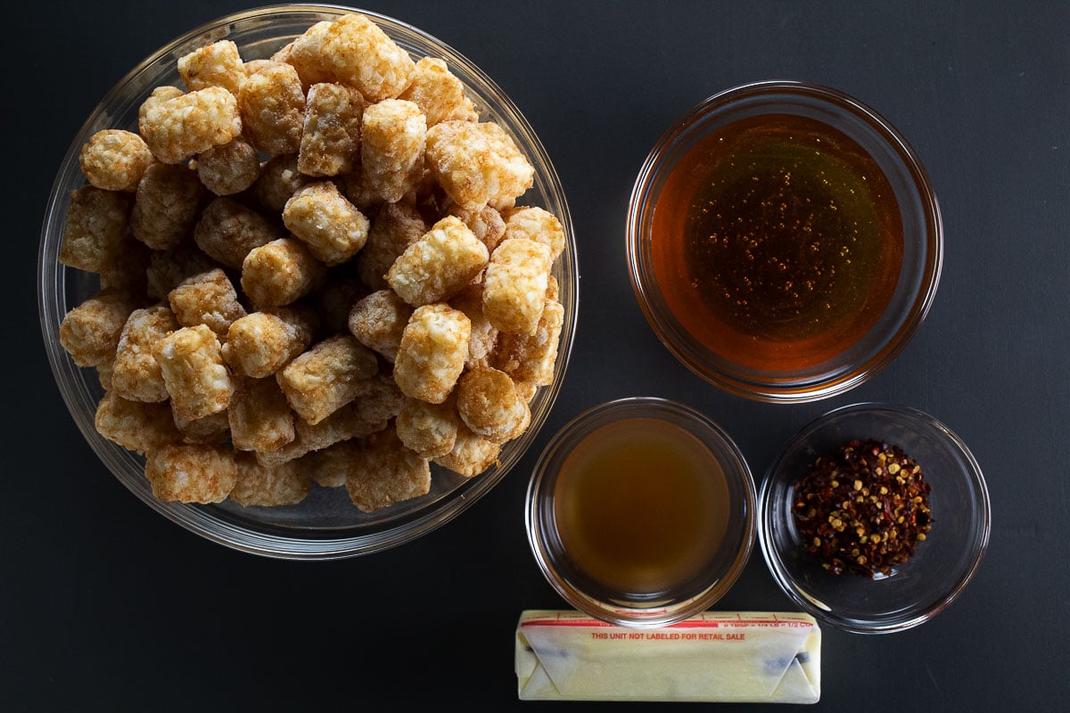 Pictured here you will find all of the ingredients you need for our hot honey butter tater tots.