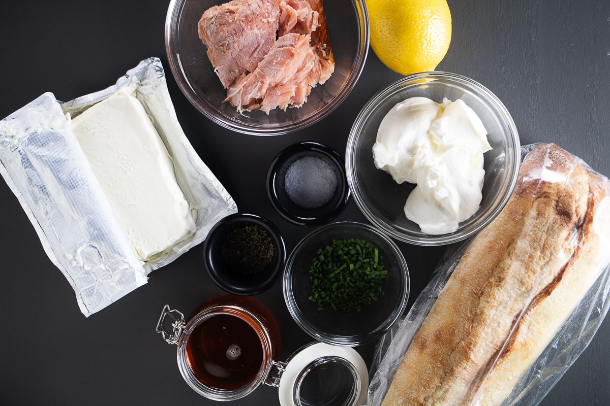 This is an image of the ingredients needed to make our hot honey smoked salmon crostini.