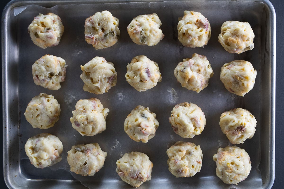 mac and cheese formed into balls.