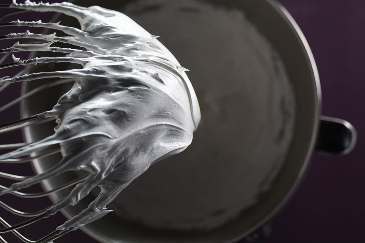 Stiff peaks of the meringue (marshmallow fluff) for the cupcakes.