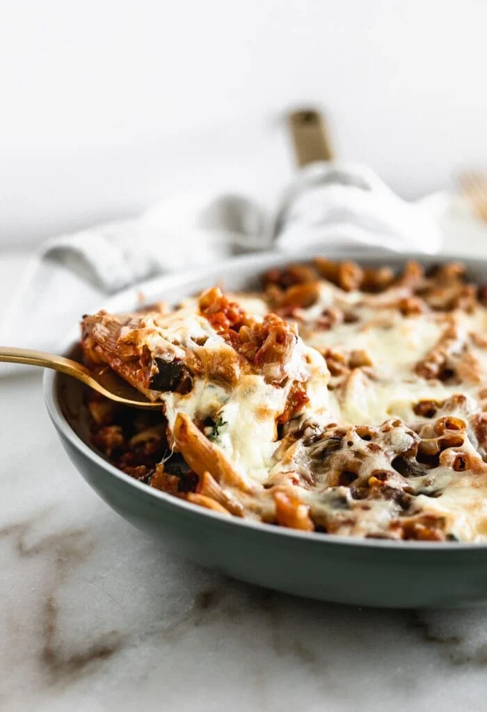 Lively Table's easy eggplant and Italian sausage skillet baked ziti.