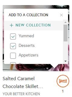 This is an example of what it looks like to save a recipe to a collection on Yummly.