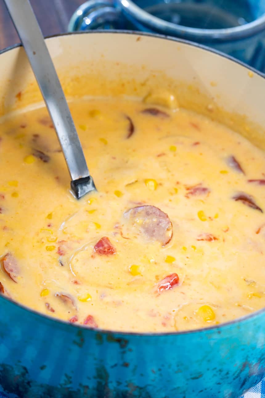 Spicy Southern Kitchen easy nacho potato soup with smoked sausage.