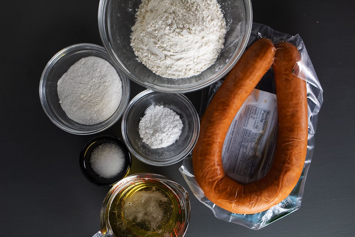 This is an image of the ingredients for our battered sausages recipe.