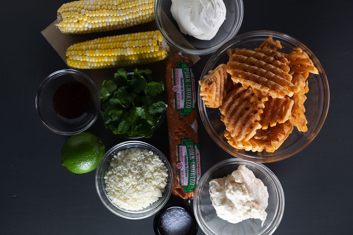 This is an image of the ingredients for our Elotes waffle fries recipe.