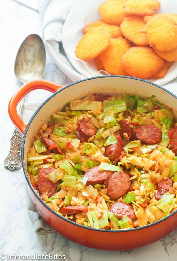 Immaculate bite's sauteed cabbage sausage.