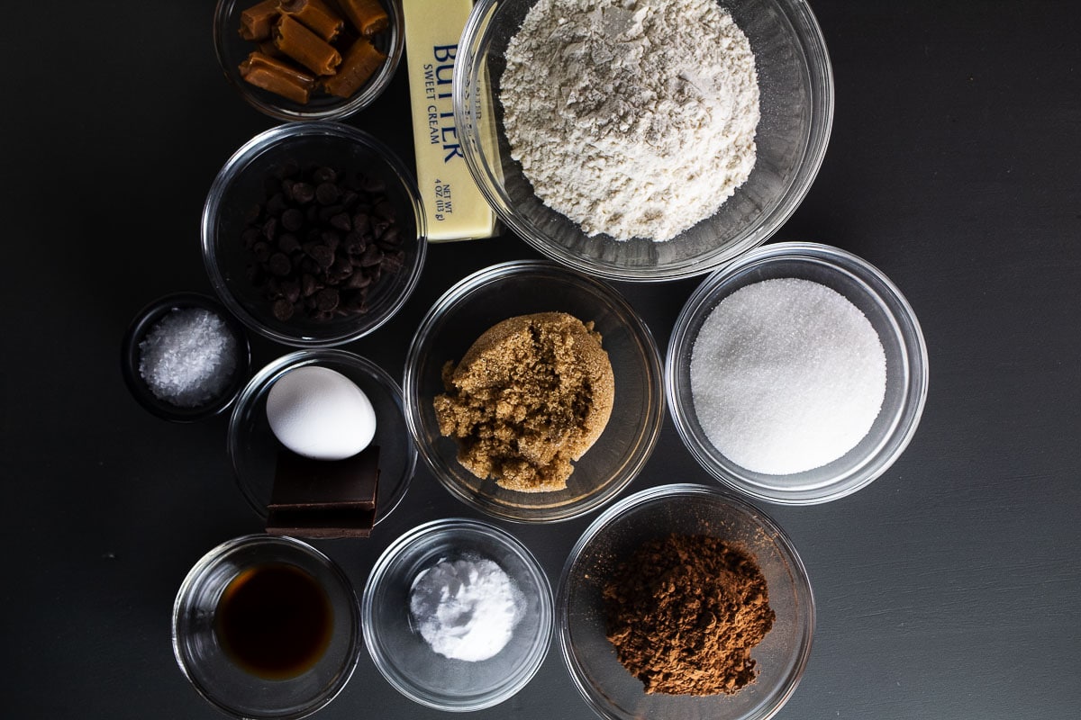 This is an image of all the ingredients needed to make our salted caramel skillet cookie.