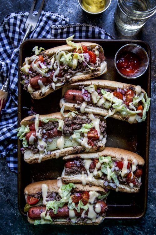 Loaded Cheeseburger Hot Dogs from The Curious Plate.