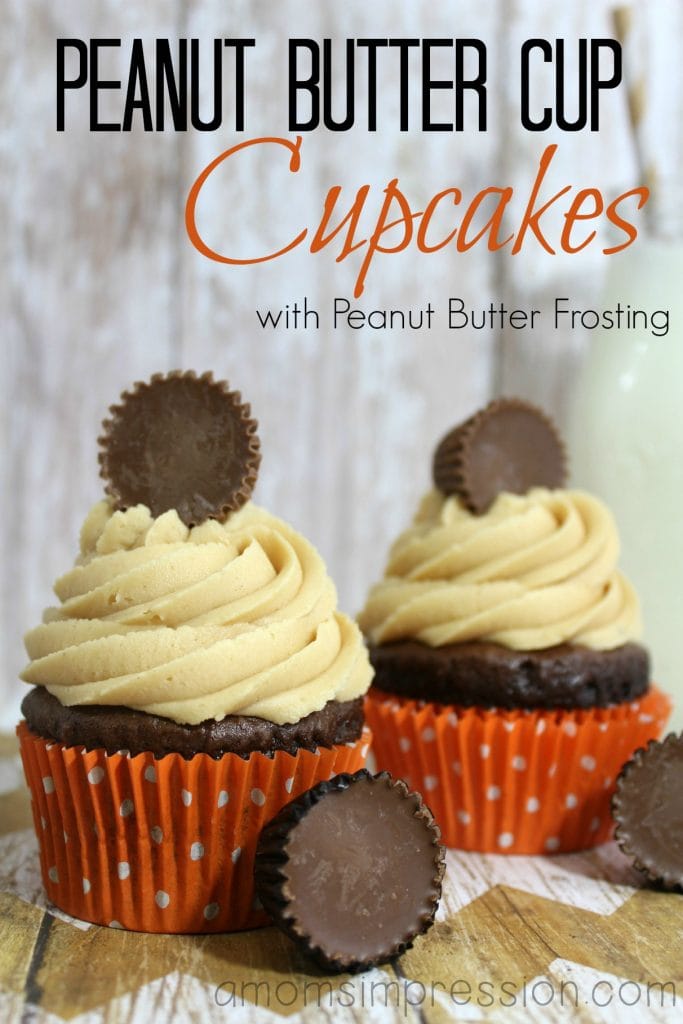 Peanut butter cup cupcakes with peanut butter frosting from A Mom's Impression.