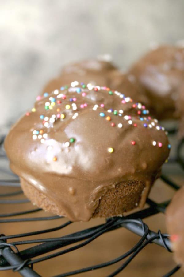 Glazed chocolate donut muffins from Crunchy Creamy Sweet.
