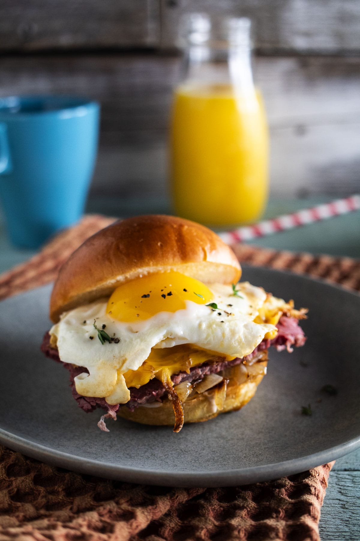 This is an image of our leftover corned beef breakfast sandwich.