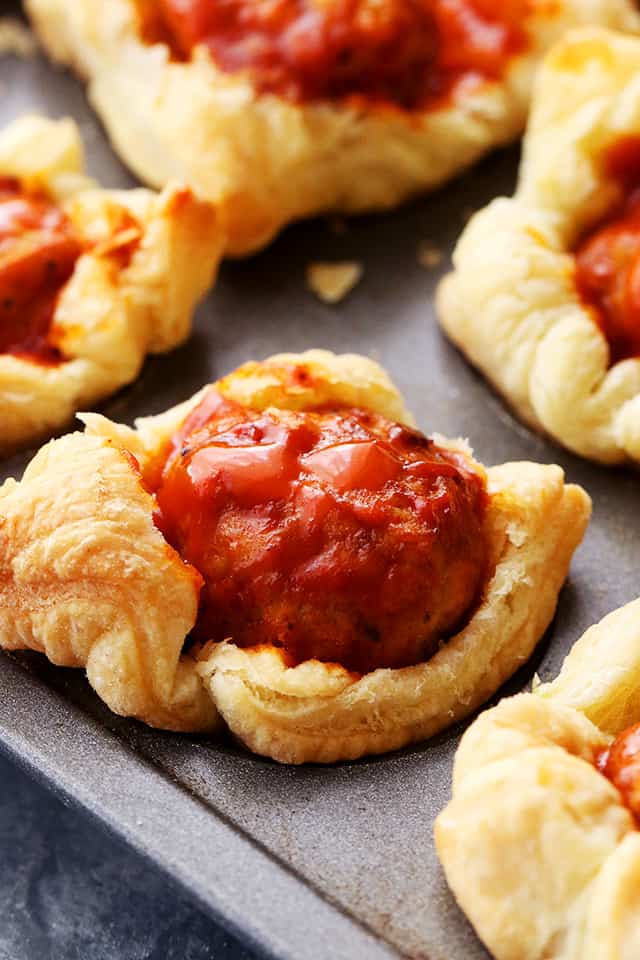 Buffalo meatballs in puff pastry cups from Diethood.