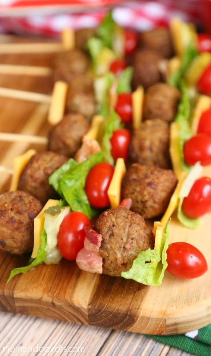 Cheeseburger meatball kabobs from Mom Endeavors.