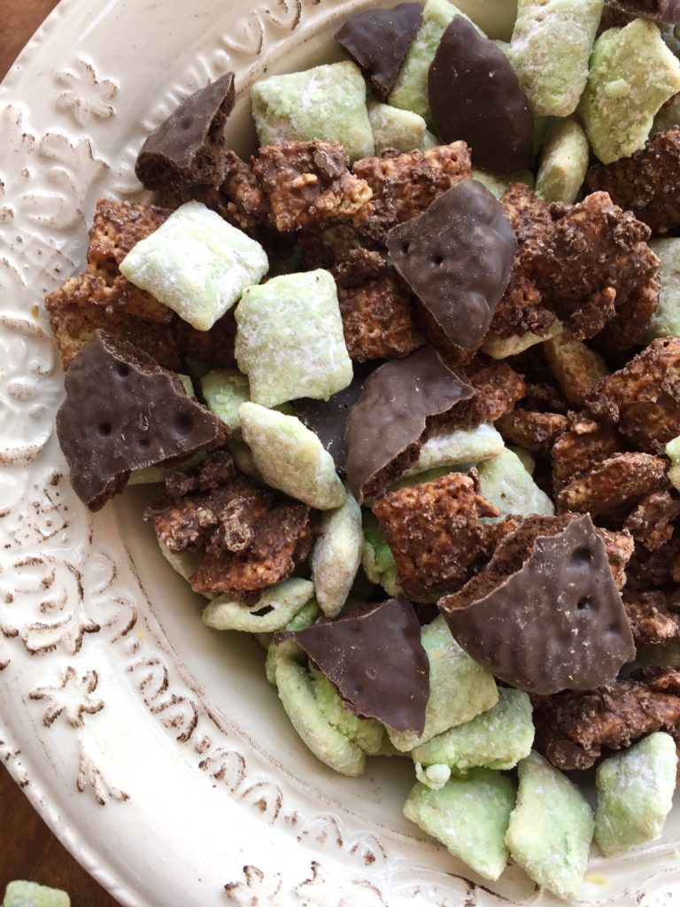 Thin Mint Girl Scout cookie muddy buddies from Kathryn's Kitchen Blog.