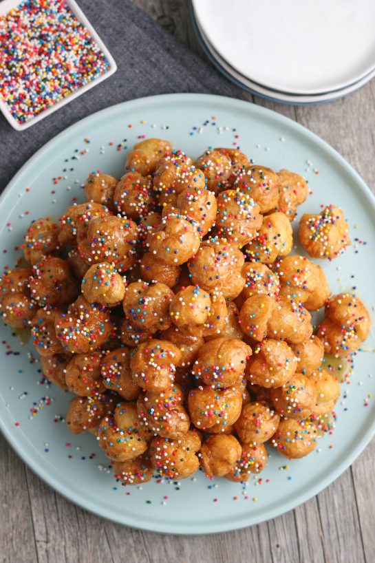 Italian Struffoli honey balls from Wishes And Dishes.