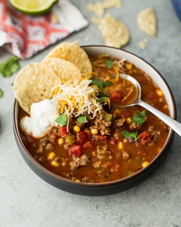 Taco soup with ground beef from Inquiring Chef.