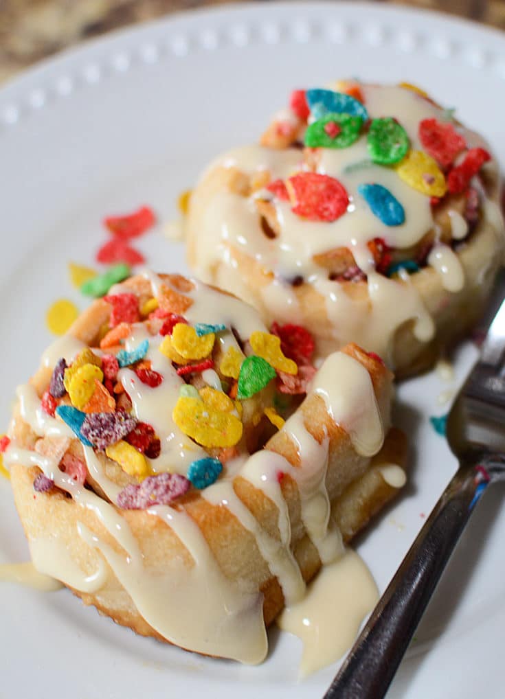 Fruity Pebble cinnamon rolls from The Salty Pot
