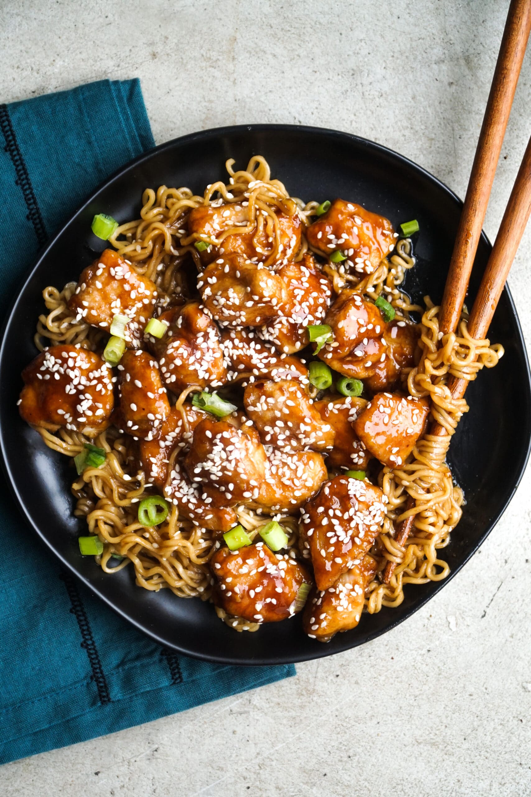 General tso chicken with ramen from Between Carpools.