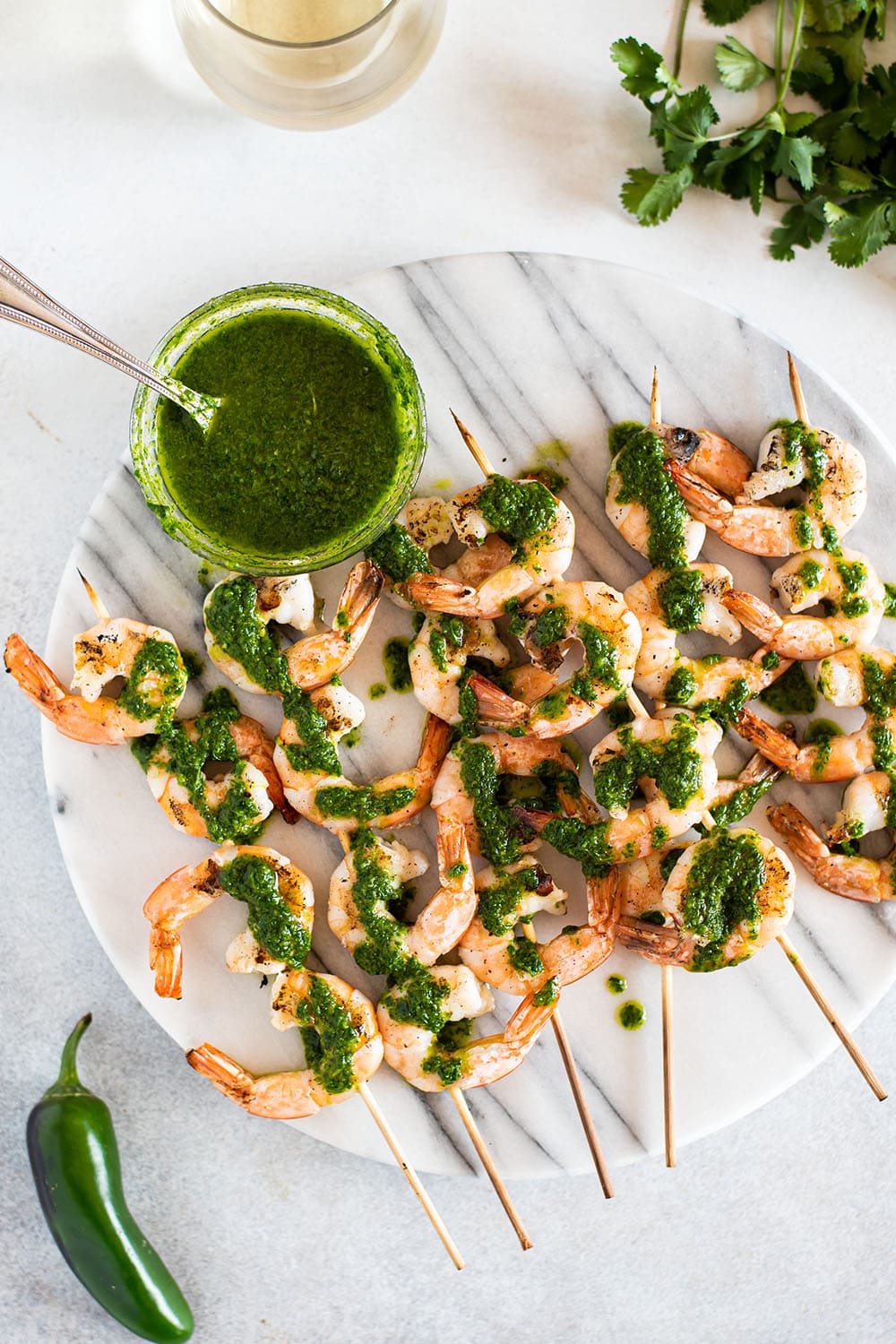 Grilled chimichurri shrimp skewers from Kitchen Swagger.