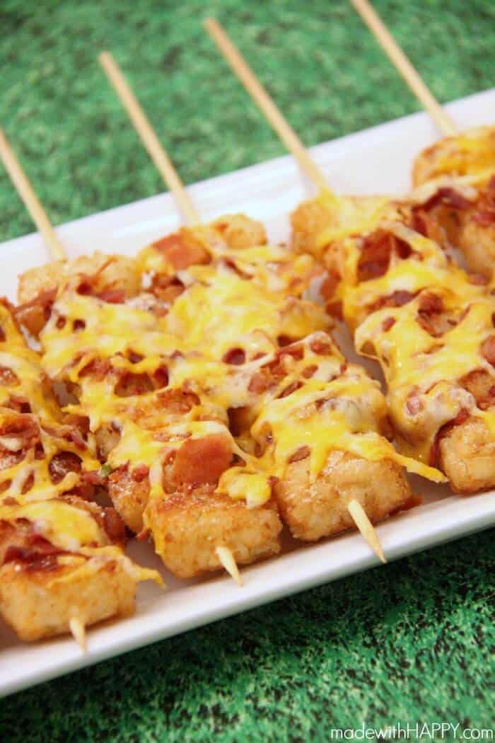 Loaded tater tot skewers from Alli of Made With Happy.