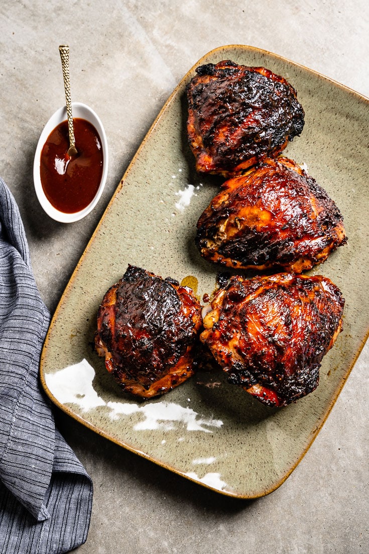 5 star BBQ chicken thighs from Salt Pepper Skillet.