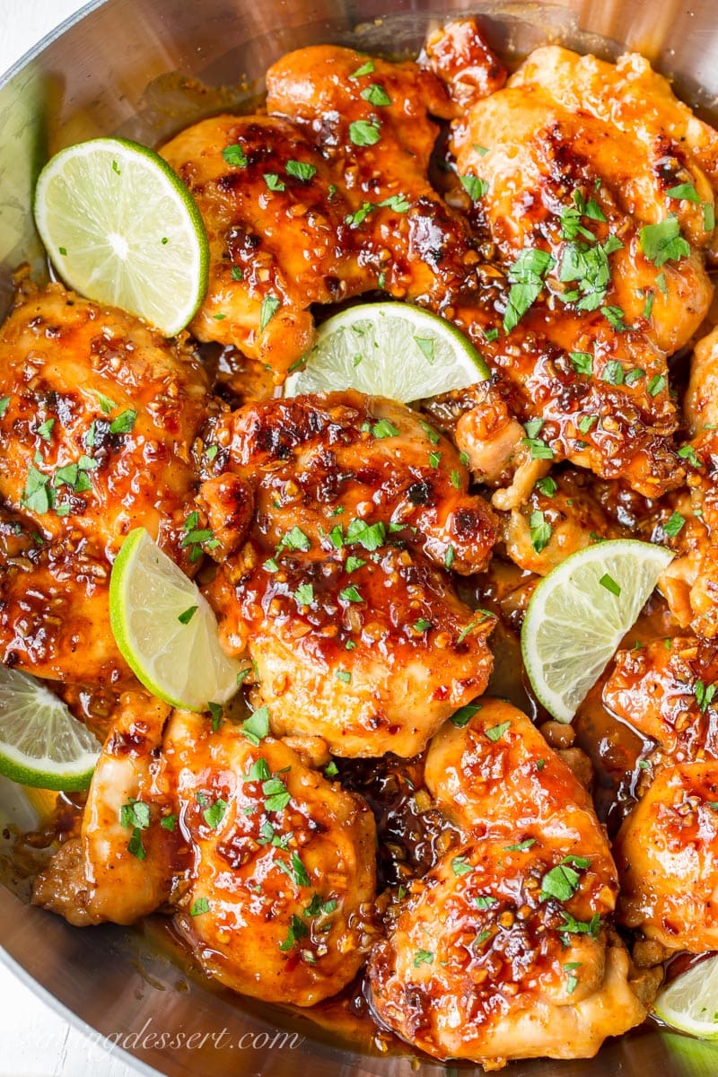 Spicy honey lime chicken thighs recipe from Saving Room For Dessert.