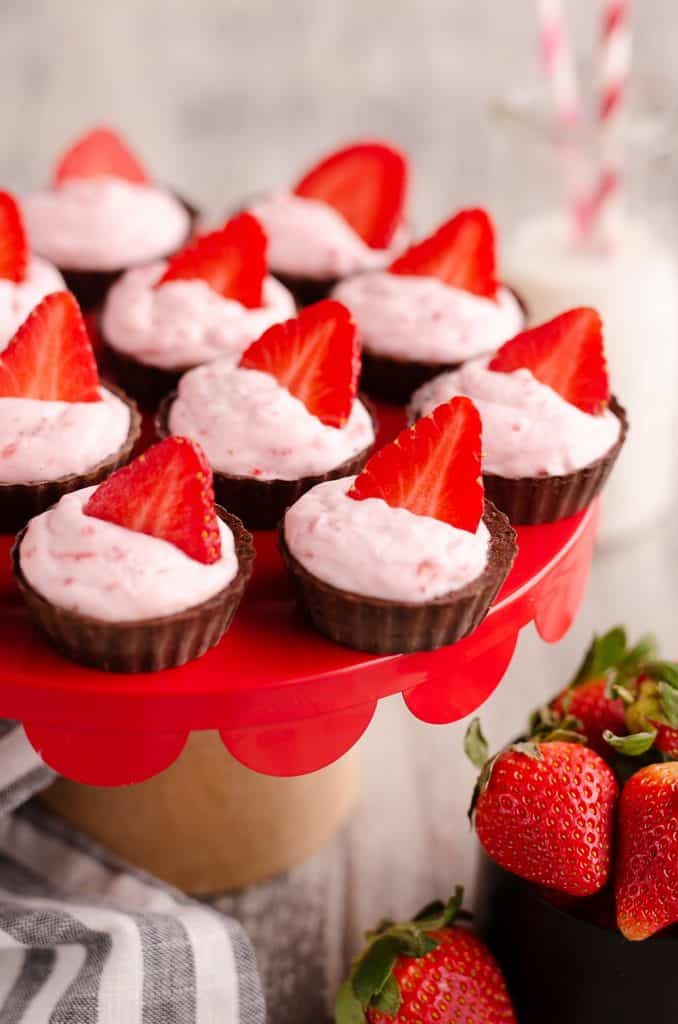 Strawberry dark chocolate mini dessert cups from The Creative Bite.