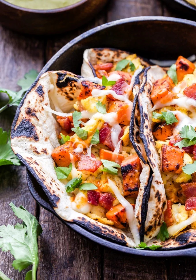 Sweet potato, bacon, egg breakfast tacos from Recipe Runner.