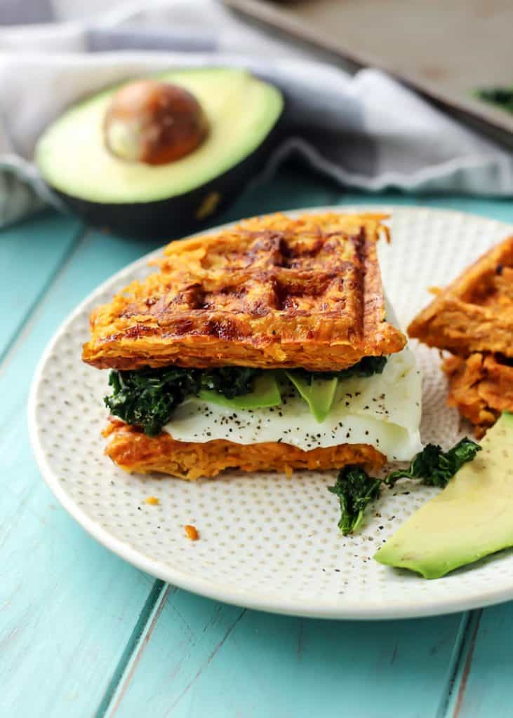 Paleo sweet potato waffle breakfast sandwich from Fit Mitten Kitchen.