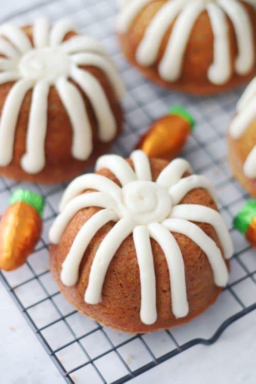 Mini carrot bundt cakes with cream cheese frosting from Glue Sticks Blog.