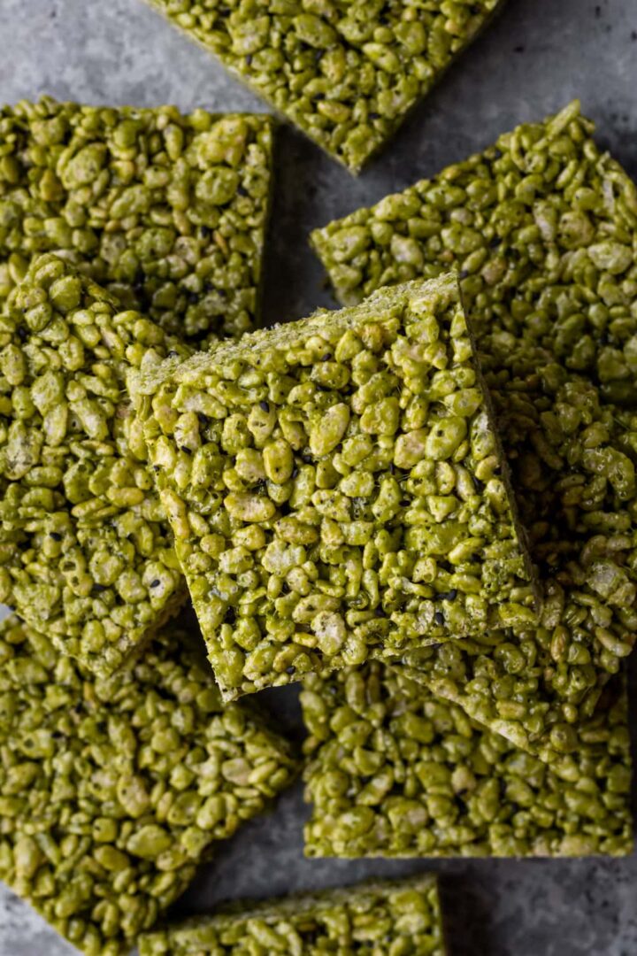 This is an image of Matcha rice Krispies treats from Cooking Therapy.