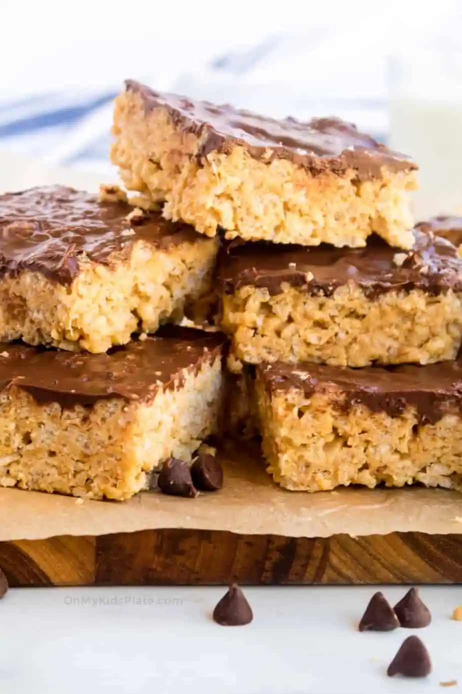 This is an image of peanut butter chocolate rice Krispie treats from On My Kid's Plate. 