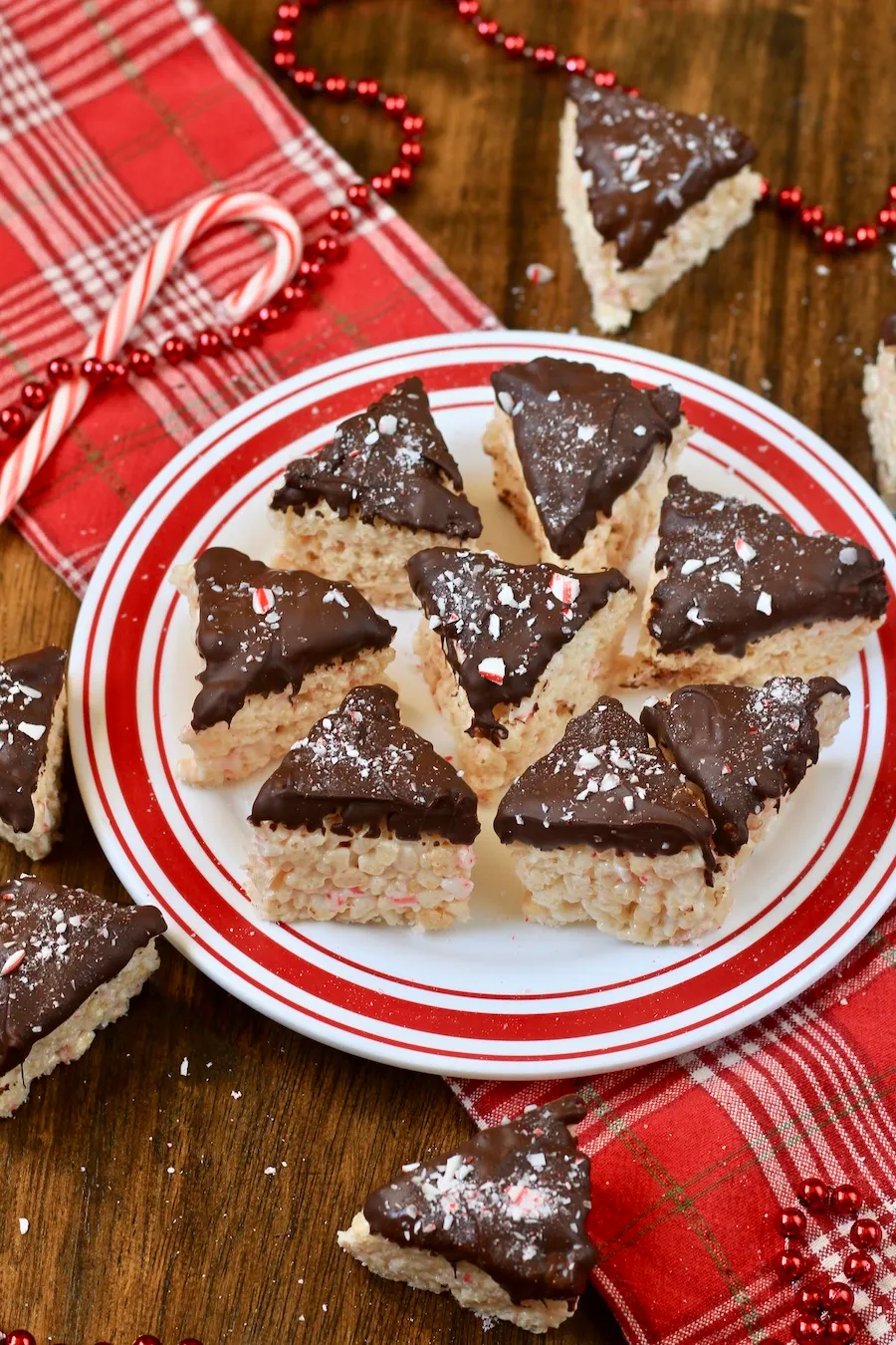 This is an image of peppermint bark rice Krispie treats from My Life After Dairy.