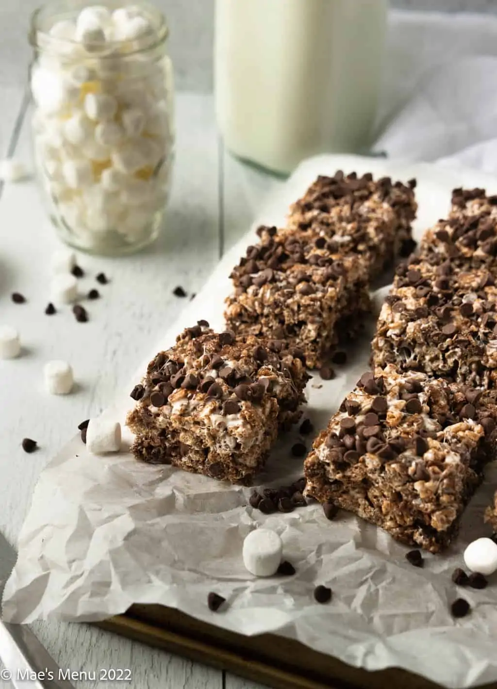 This is an image of chocolate rice crispy treats from Mae's Menu.