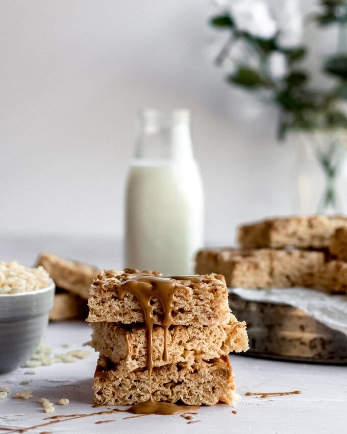 This is an image of cookie butter rice Krispies treats from Sara's Tiny Kitchen.