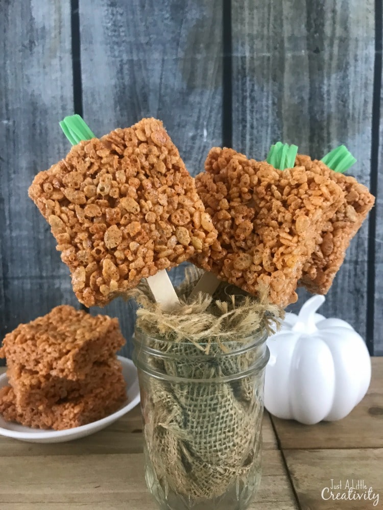 This is an image of Pumpkin Spice Krispies Treats from Just A Little Creativity.