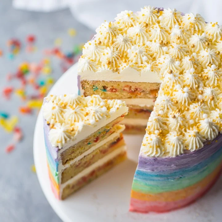 Rainbow fruity pebbles cake fromBaking A Moment.