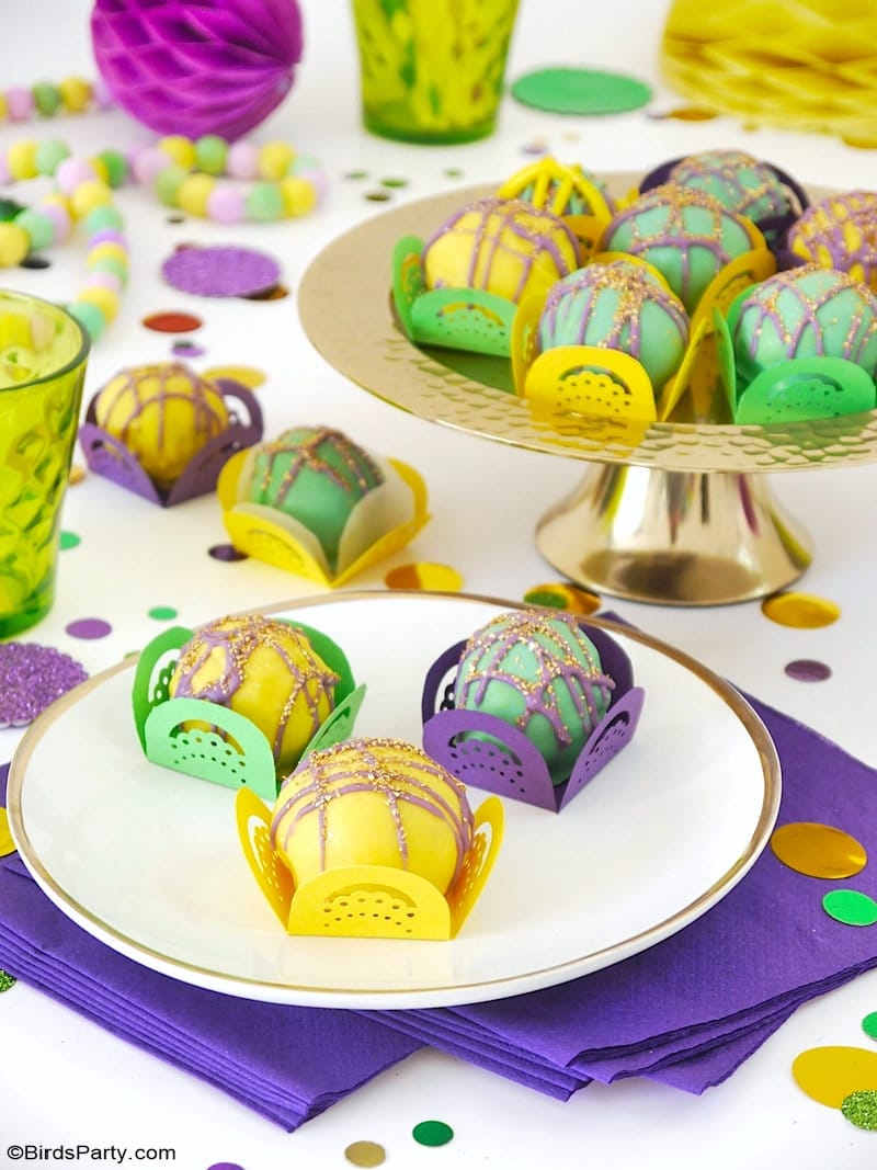 Mardi Gras Oreo truffles from Bird's Party.