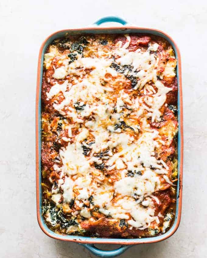 Spaghetti squash chicken lasagna in a casserole dish.