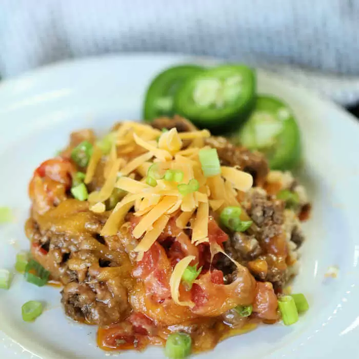 Low carb taco casserole on a white plate.