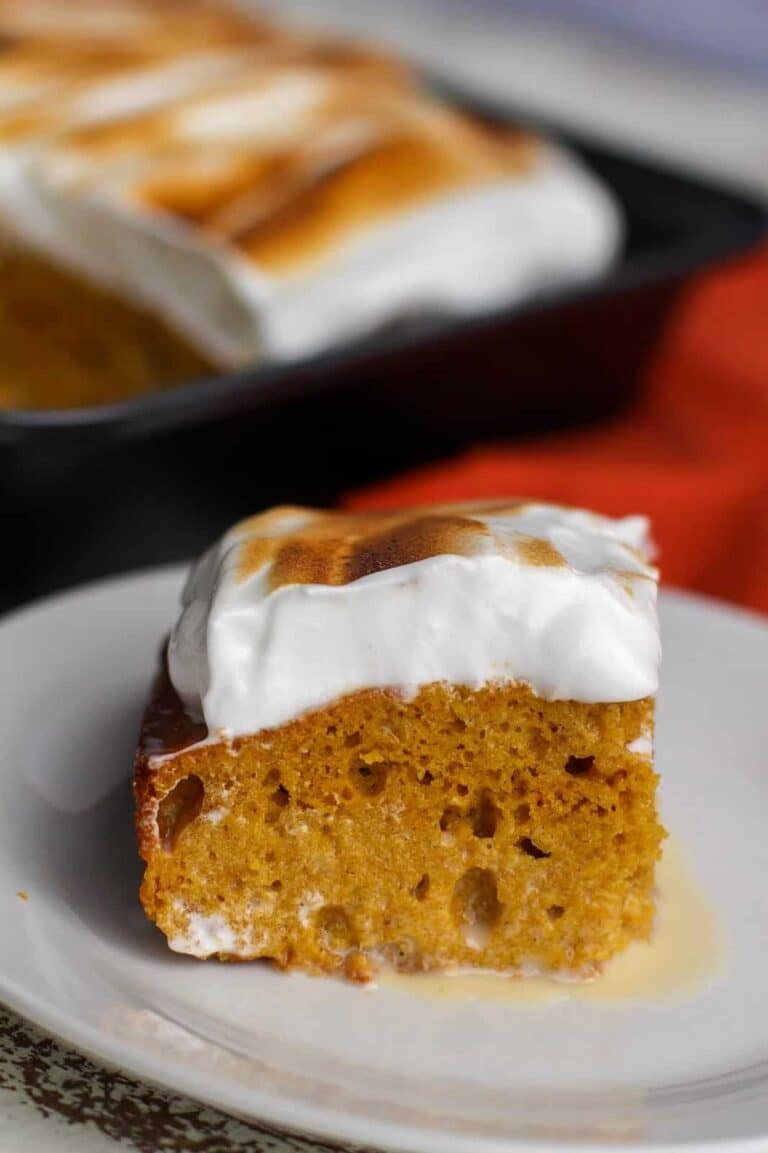 Pumpkin tres leches cake slice.