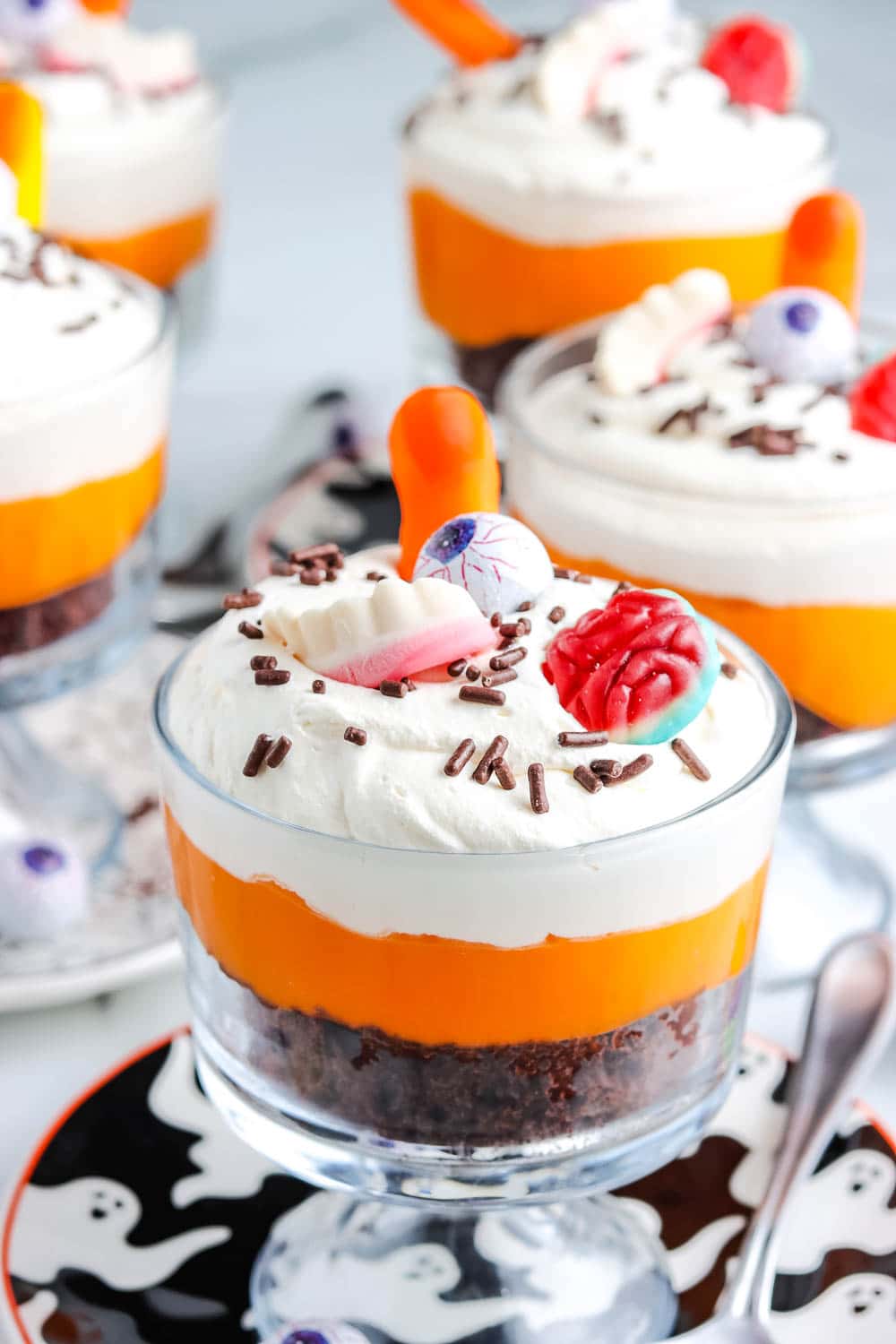 Halloween trifle with candy brains, eyeballs, and teeth.