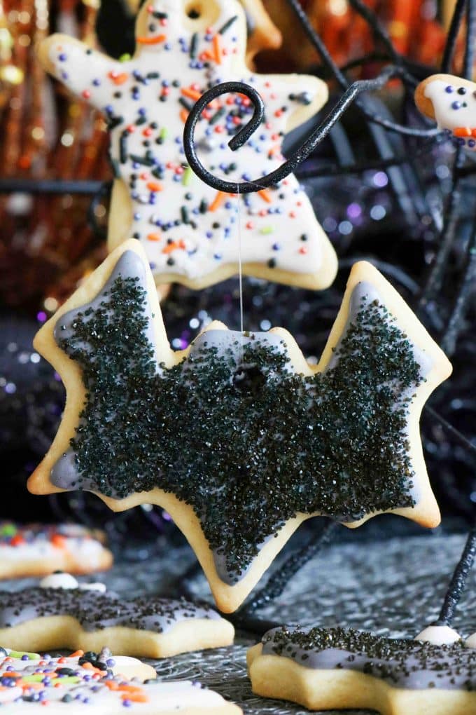 Bat shaped Halloween sugar cookies.